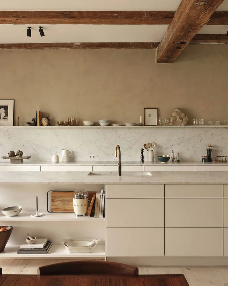 deco cuisine beige marbre blanc