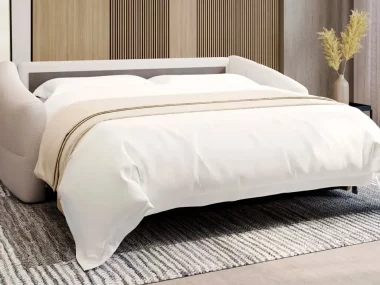 Canapé convertible déplié en position lit dans un salon moderne