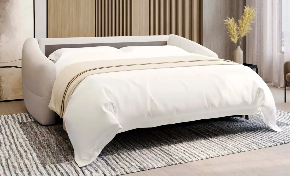 Canapé convertible déplié en position lit dans un salon moderne