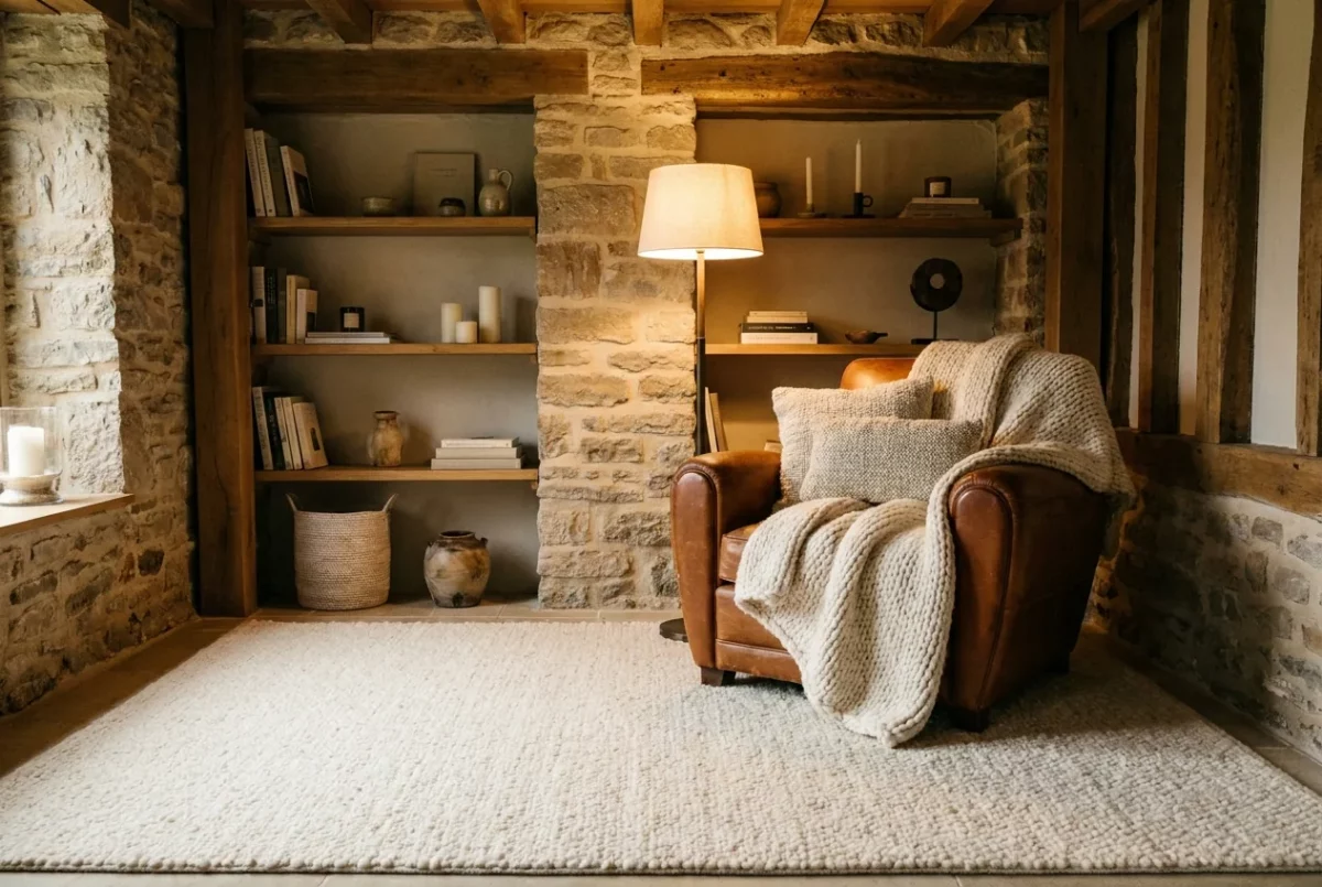 Plaid en laine crème sur un fauteuil en cuir cognac, coin lecture cosy d'automne