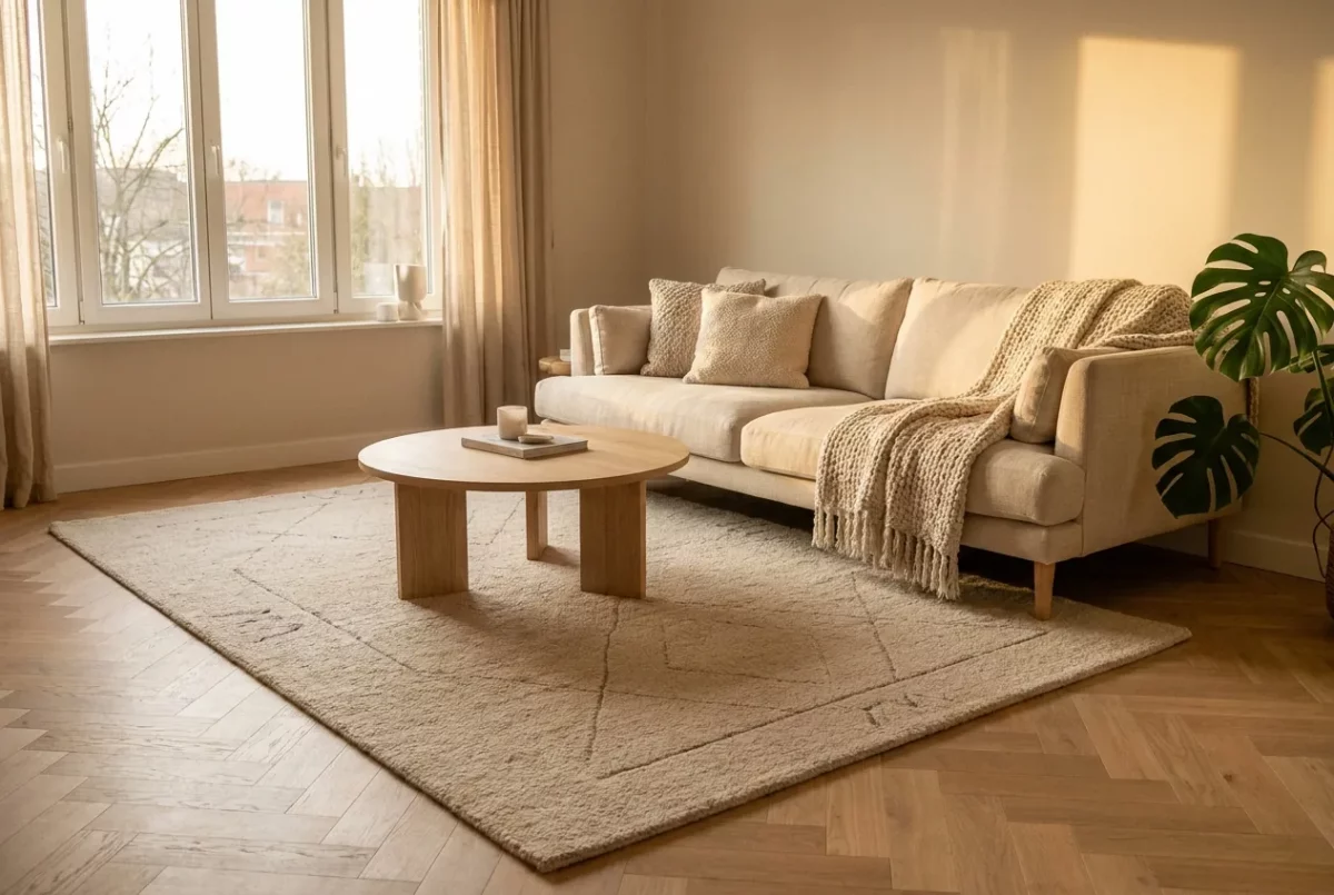 Tapis en laine beige à motifs géométriques dans un salon scandinave lumineux et cocooning