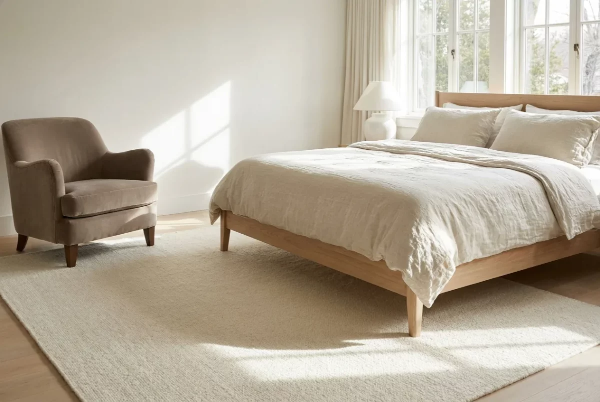 Tapis en laine ivoire au pied d'un lit en bois clair dans une chambre cocooning