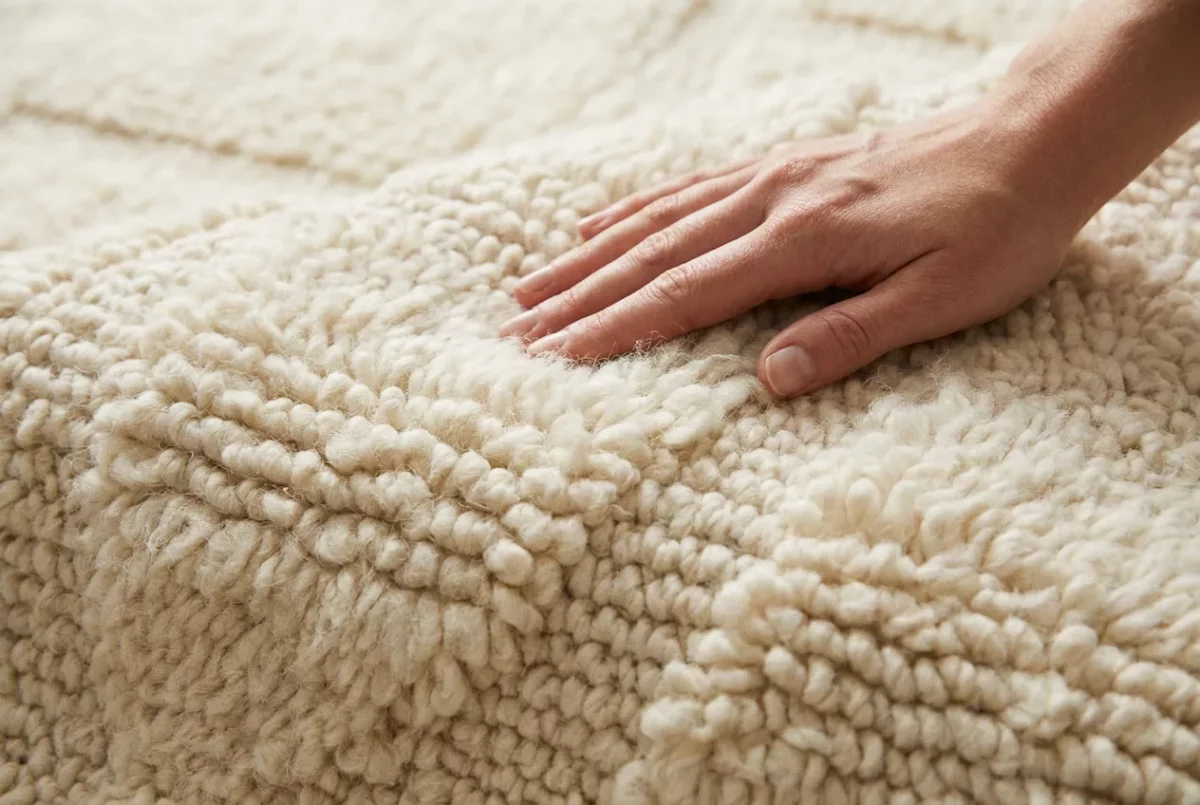 Gros plan sur la texture d'un tapis en laine ivoire au tissage bouclé épais