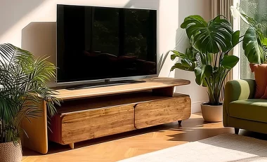 Meuble TV en bois clair avec compartiments ouverts et tiroirs, posé dans un salon lumineux