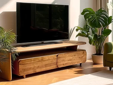 Meuble TV en bois clair avec compartiments ouverts et tiroirs, posé dans un salon lumineux