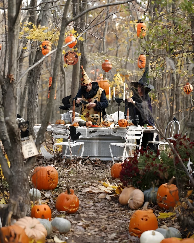 table de sorcières dressée dans un sous-bois avec lampions orange, corbeaux et citrouilles sculptées