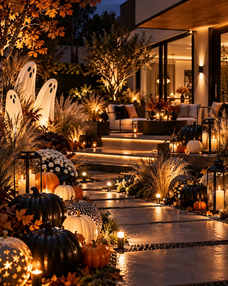 jardin d'Halloween chic la nuit avec citrouilles noires et blanches, lanternes et fantômes lumineux