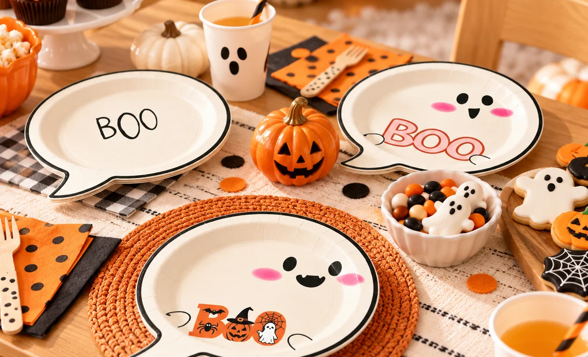 Table d'Halloween pour enfants avec assiettes fantômes Boo, gobelets et citrouilles souriantes