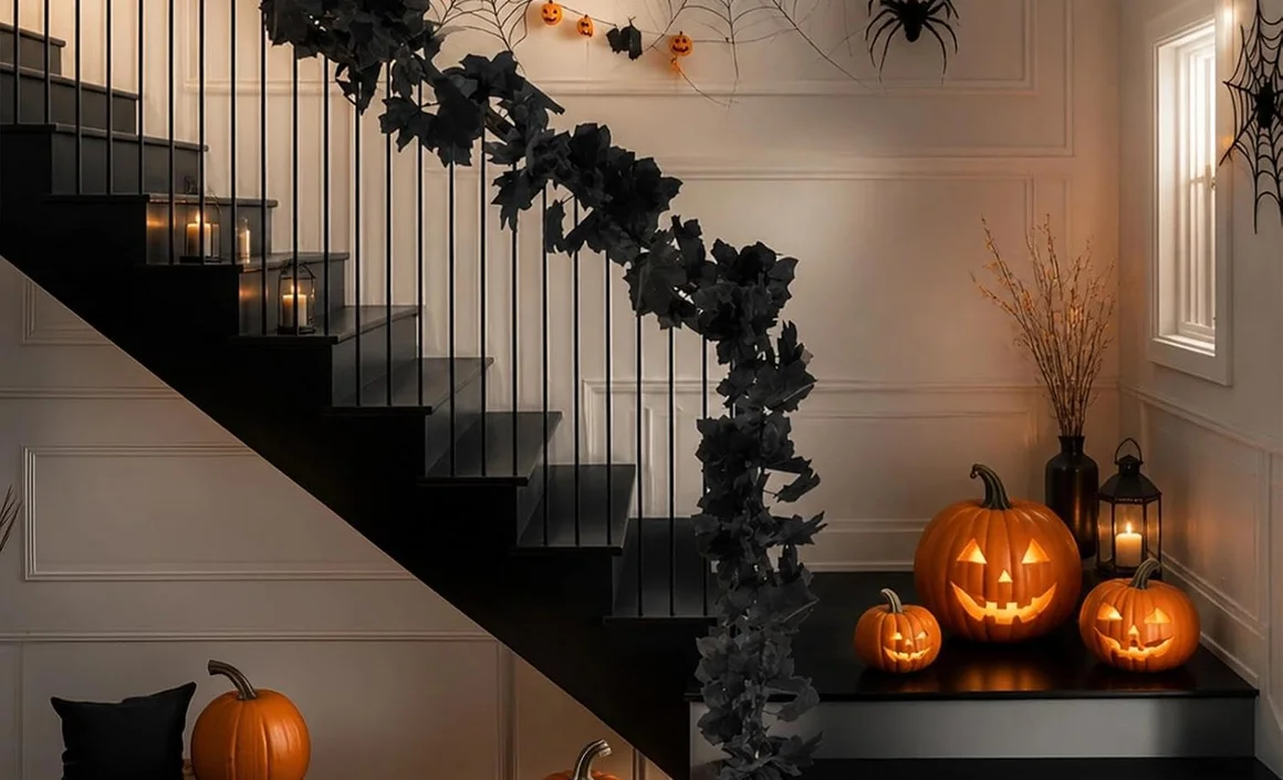 Escalier décoré pour Halloween avec guirlande de feuilles noires, toiles d'araignée et citrouilles