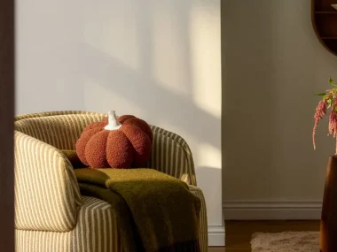 Fauteuil rayé avec coussin citrouille bouclette et plaid vert pour une déco d'automne cosy