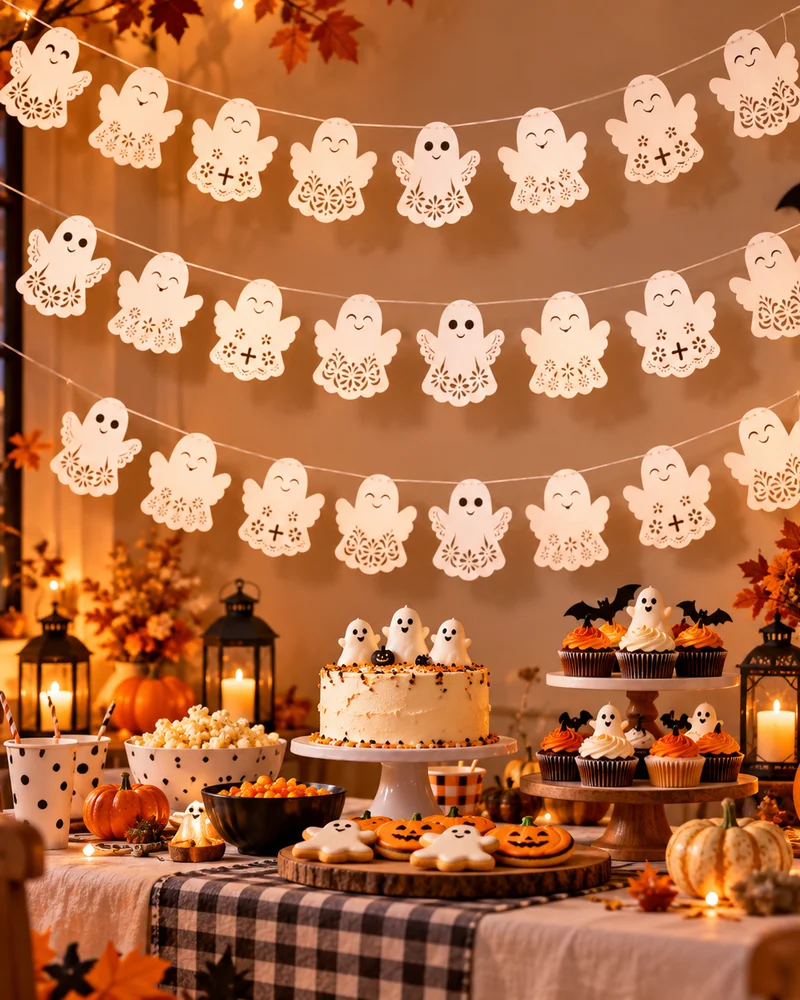 Guirlande de fantômes blancs ajourés façon dentelle au-dessus d'une table de goûter d'Halloween