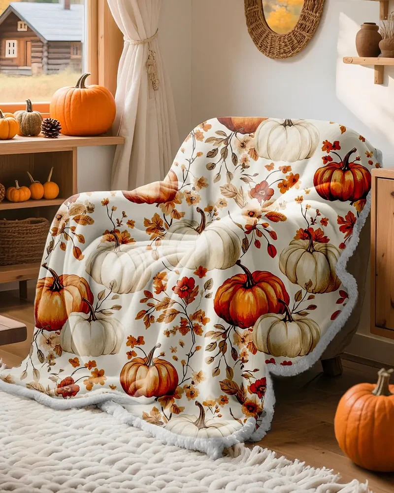 Plaid doux imprimé citrouilles et fleurs d'automne posé sur un fauteuil près d'une fenêtre