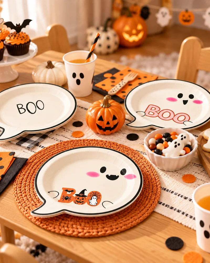 Assiettes en carton en forme de bulle fantôme Boo pour un goûter d'Halloween enfant
