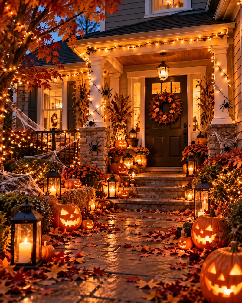 façade de maison illuminée pour Halloween avec guirlandes lumineuses, lanternes et citrouilles sculptées