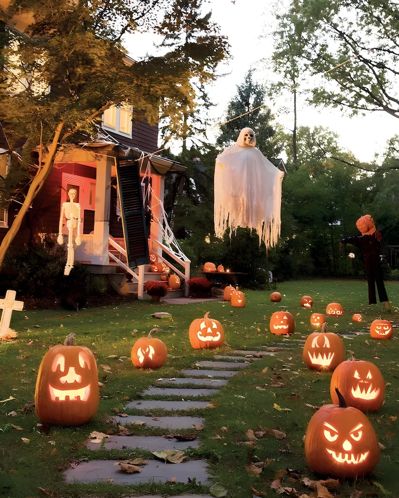 allée de jardin bordée de citrouilles sculptées illuminées avec fantôme suspendu et squelette