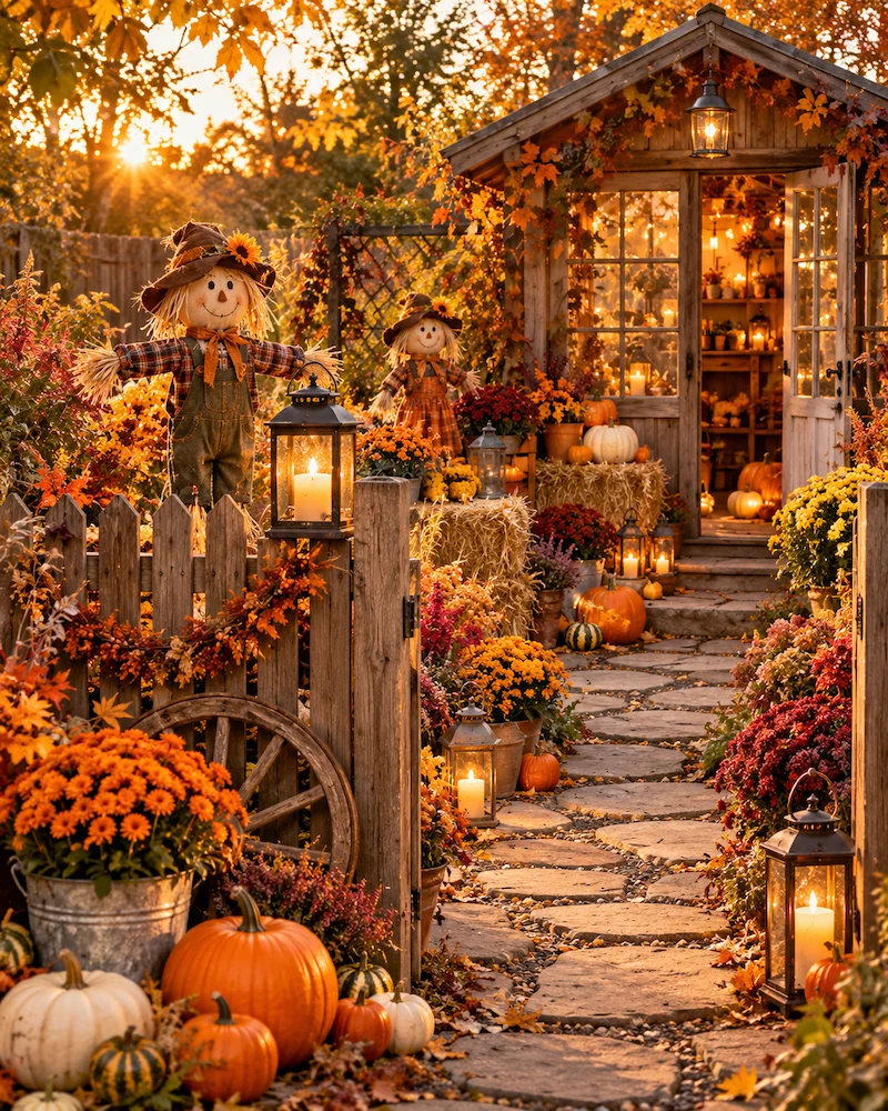 jardin d'automne décoré pour Halloween avec épouvantails, chrysanthèmes, bottes de paille et lanternes