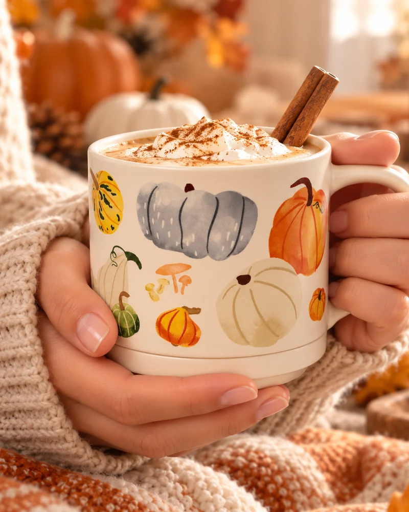 Mug en céramique illustré de citrouilles aquarelle avec chocolat chaud et cannelle