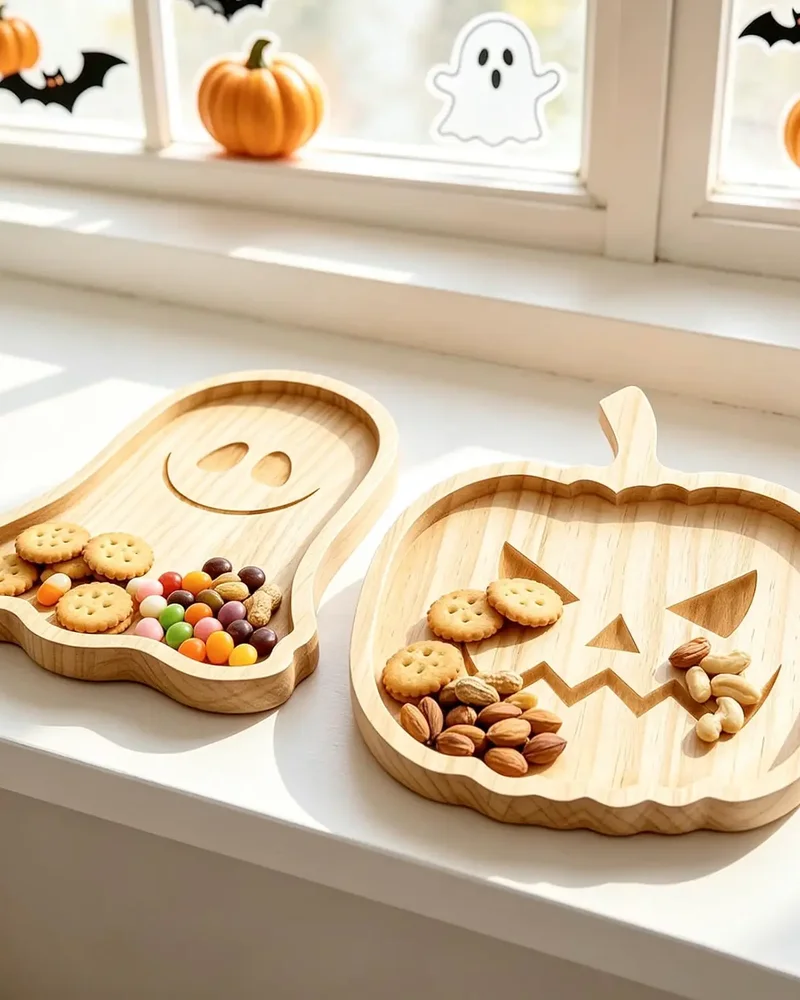 Plateaux apéritif en bois en forme de fantôme et de citrouille garnis de biscuits et bonbons