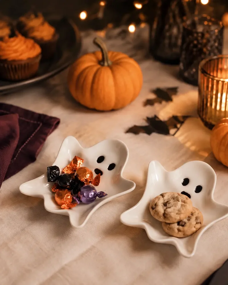 Coupelles en céramique blanche en forme de fantôme remplies de bonbons et de cookies