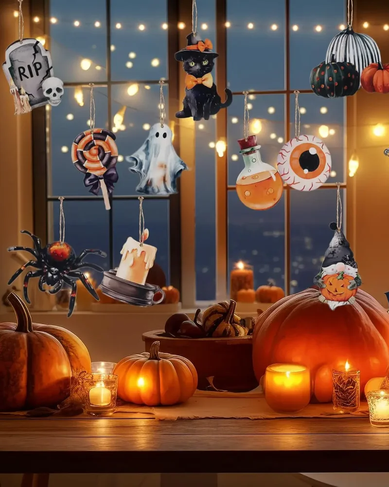 Suspensions d'Halloween en bois illustrées chat noir, fantôme, araignée et citrouilles