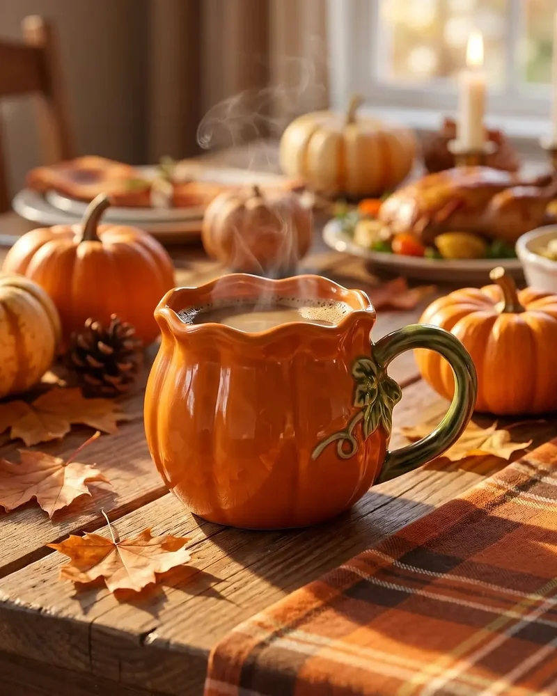 Mug en céramique en forme de citrouille orange avec anse feuillage sur une table d'automne