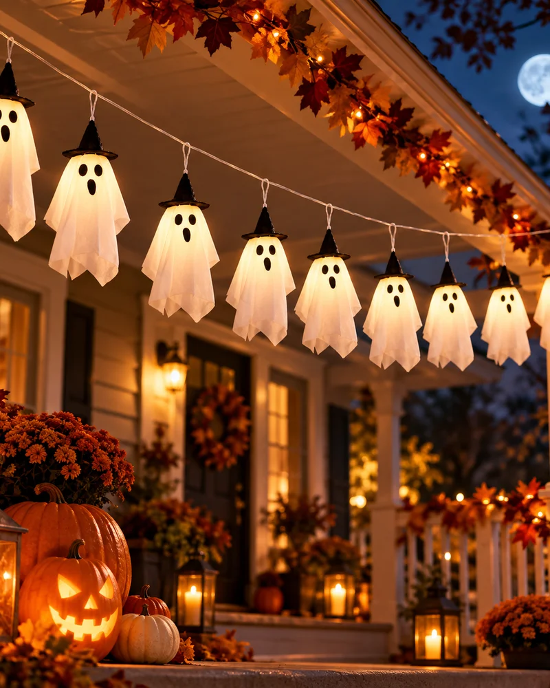 Guirlande de petits fantômes lumineux à chapeau de sorcière suspendue sous un porche d'automne