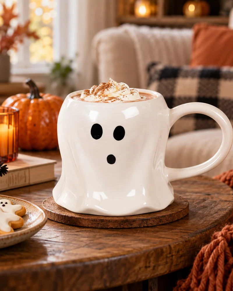 Mug en céramique blanche en forme de fantôme rempli de chocolat chaud sur une table d'automne