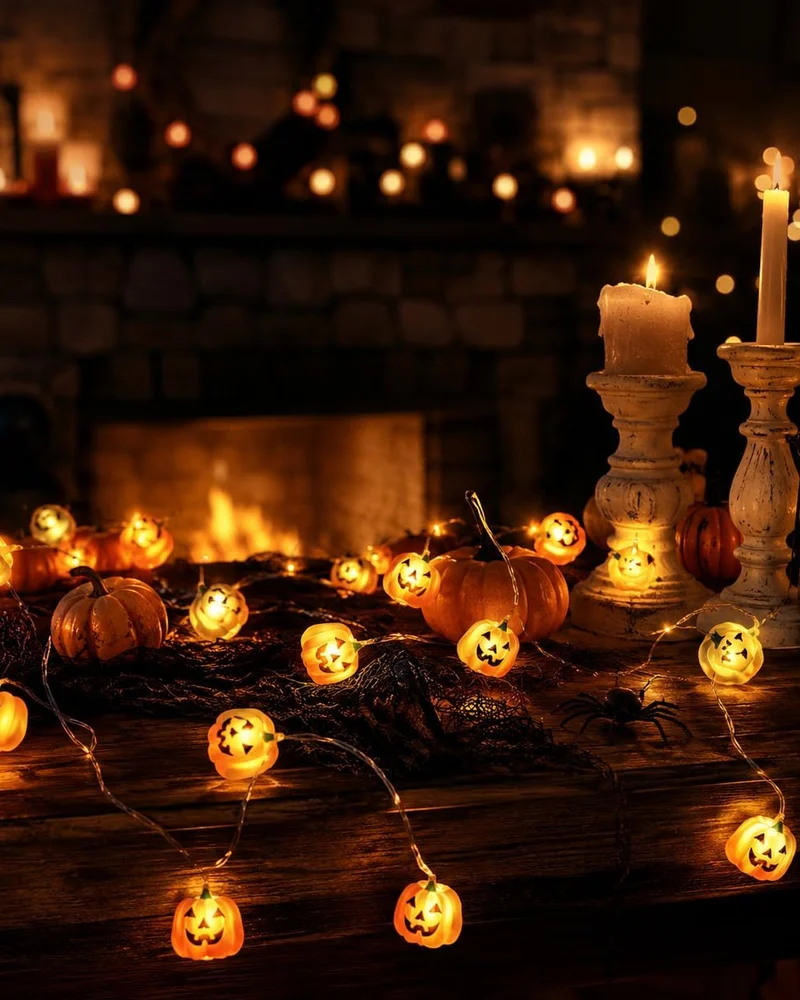 Guirlande lumineuse de citrouilles souriantes posée sur une table près de bougies et d'une cheminée
