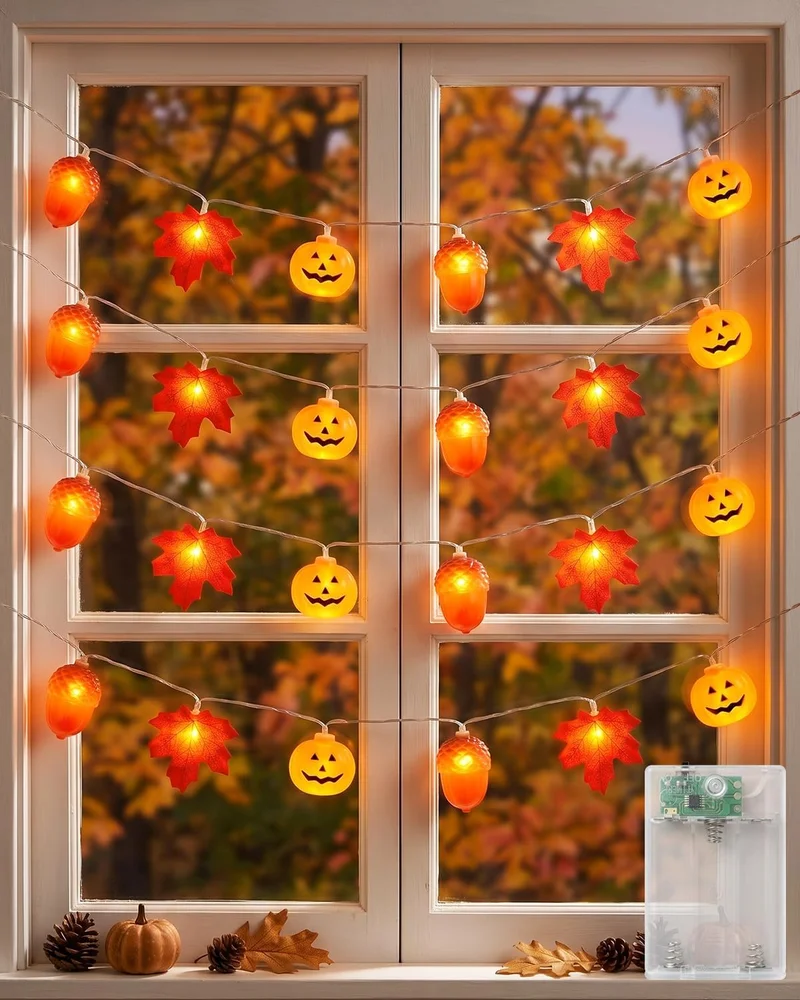 Guirlande lumineuse glands, feuilles d'érable et citrouilles suspendue devant une fenêtre d'automne