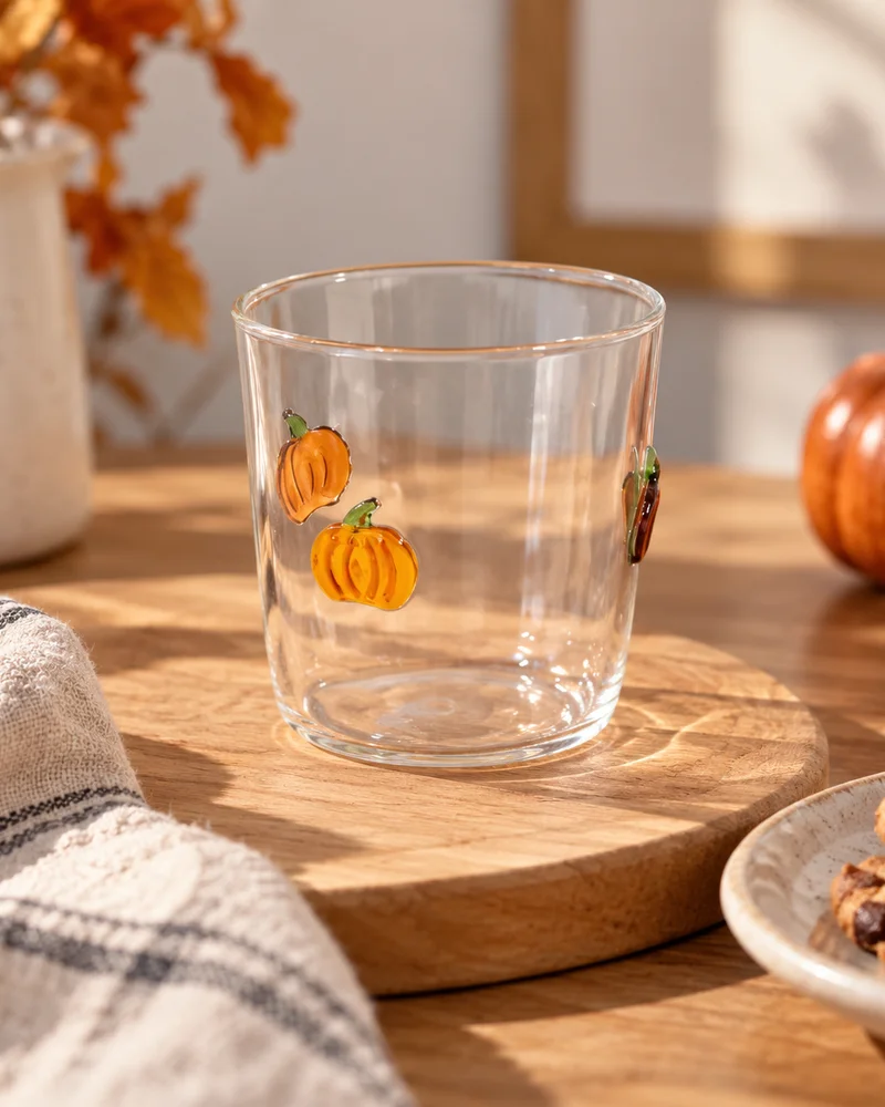 Verre transparent décoré de petites citrouilles orange sur un plateau en bois