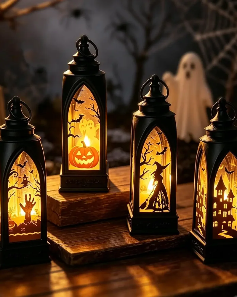 Quatre lanternes noires à LED avec silhouettes de sorcière, citrouille et maison hantée