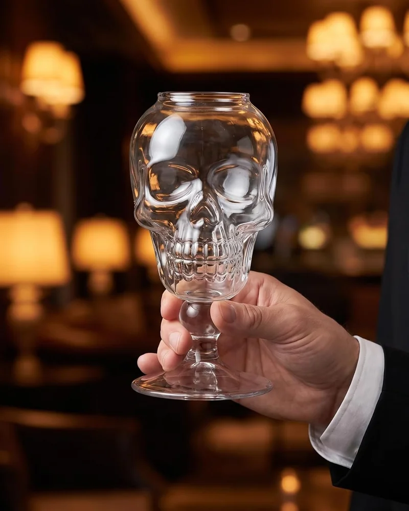 Verre à pied transparent en forme de tête de mort pour les cocktails d'Halloween