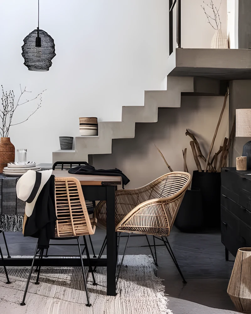 salle à manger ethnique noire sous escalier en béton avec chaises en rotin, table noire et suspension tressée