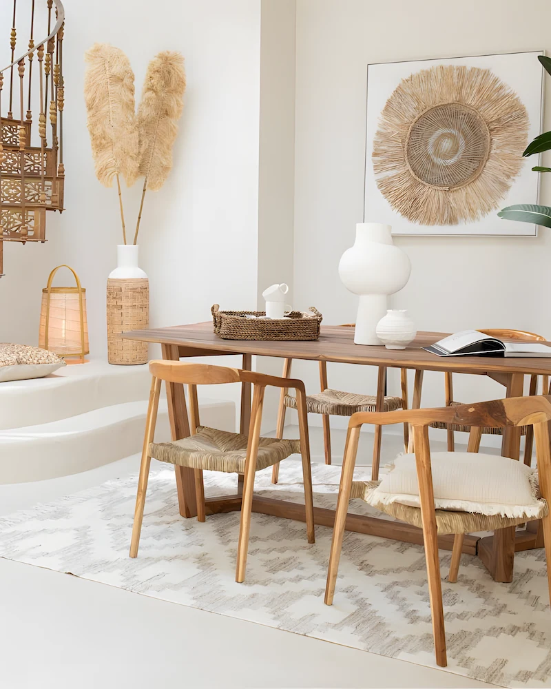 salle à manger ethnique nature avec miroir soleil en fibres, chaises en bois et tapis berbère à motifs