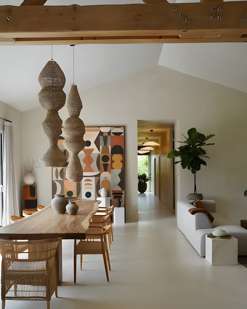 salle à manger ethnique sur sol en béton avec suspensions tressées, longue table en bois et tableau graphique
