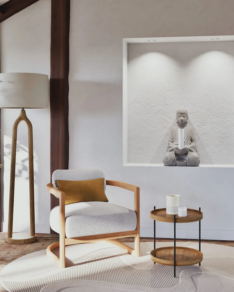 Fauteuil Tripode en bouclette écrue avec structure en bois d'hévéa couleur miel dans un salon blanc