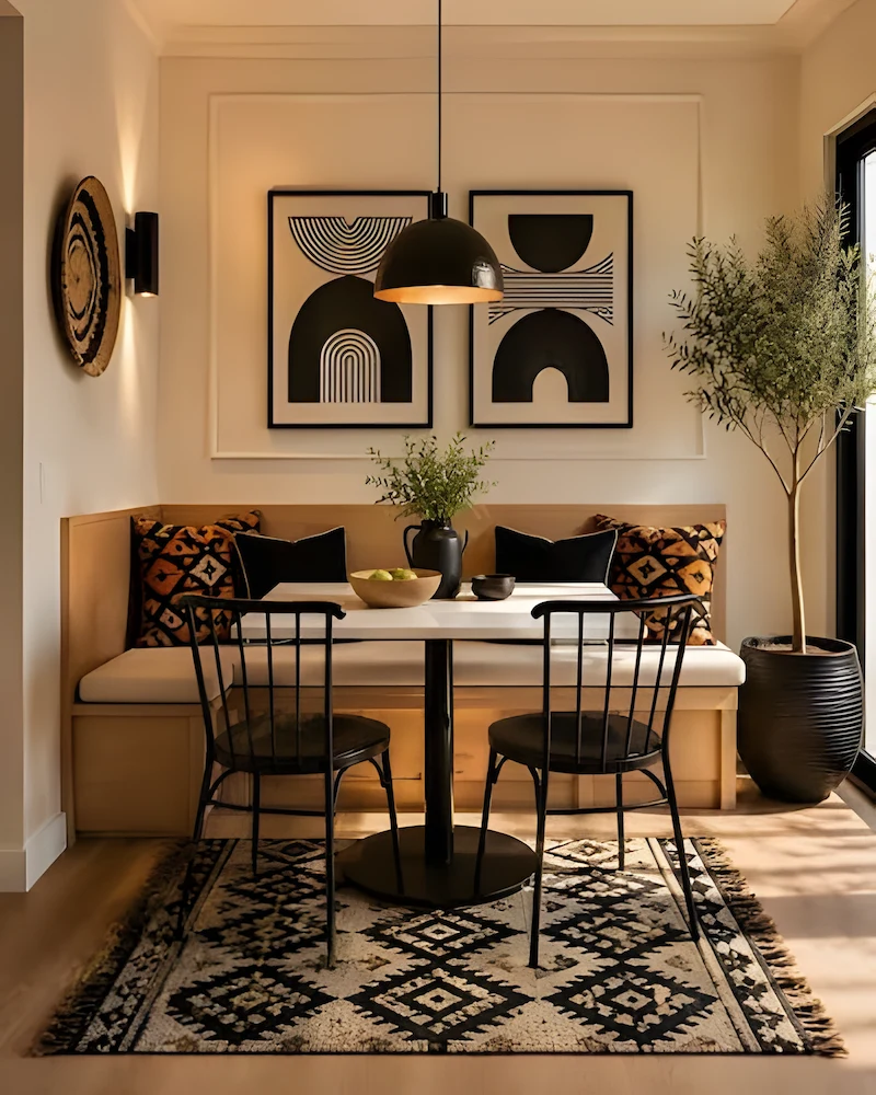 coin repas ethnique moderne avec banquette, chaises noires, cadres graphiques en arche et tapis berbère