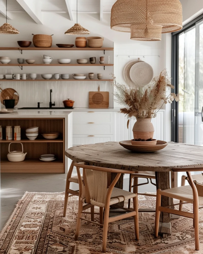 salle à manger ethnique bohème avec table ronde en bois, chaises wishbone, herbes de la pampa et tapis à motifs