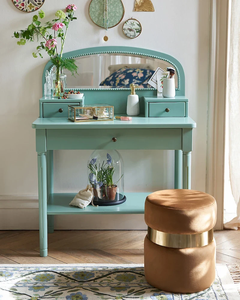 Coiffeuse Baudry vert eucalyptus avec réhausse et grand miroir