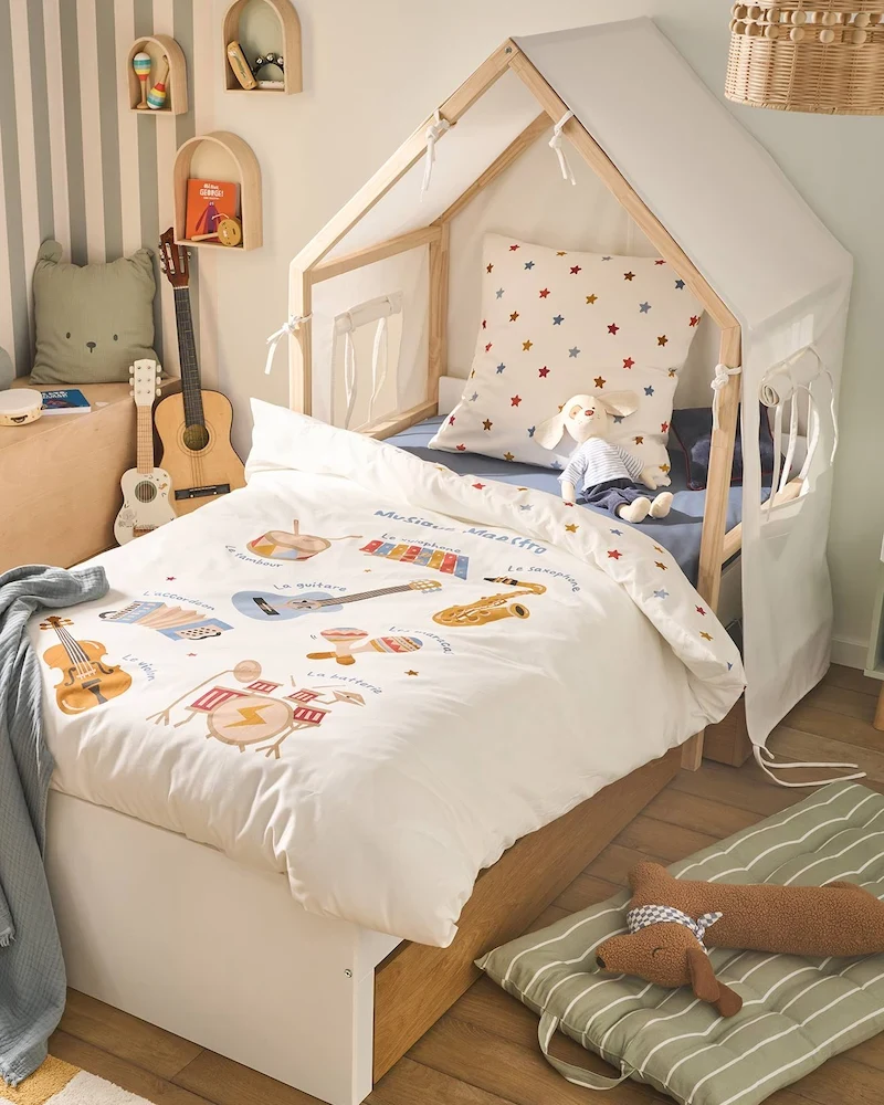 Lit enfant cabane blanc 90x190 avec toit en toile amovible de Vertbaudet