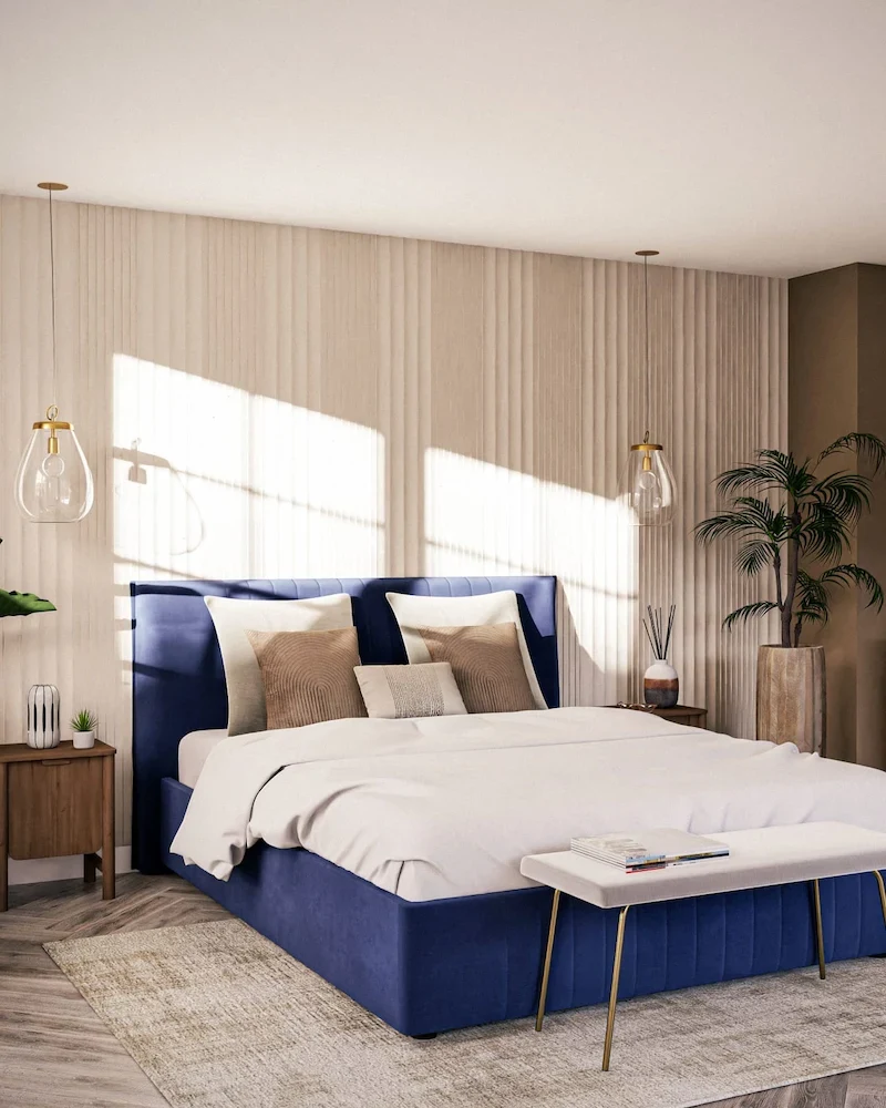 Lit coffre Amazz en velours bleu 160x200 de Maisons du Monde