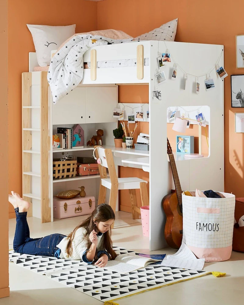 Lit mezzanine Everest avec bureau en L et rangements dessous