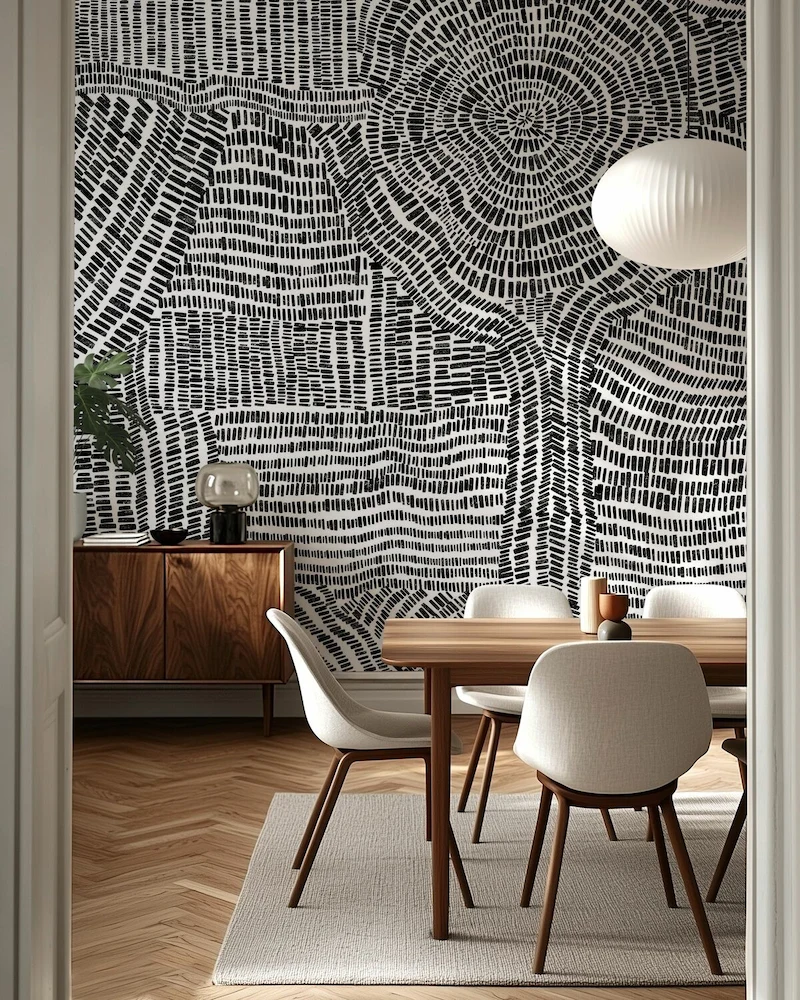 salle à manger ethnique vintage avec papier peint noir et blanc à motifs tracés et buffet en bois