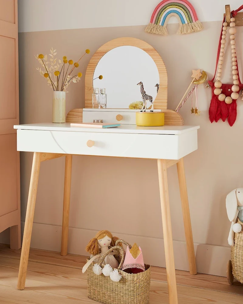Grande coiffeuse Suzie blanc et bois de Vertbaudet avec miroir rond