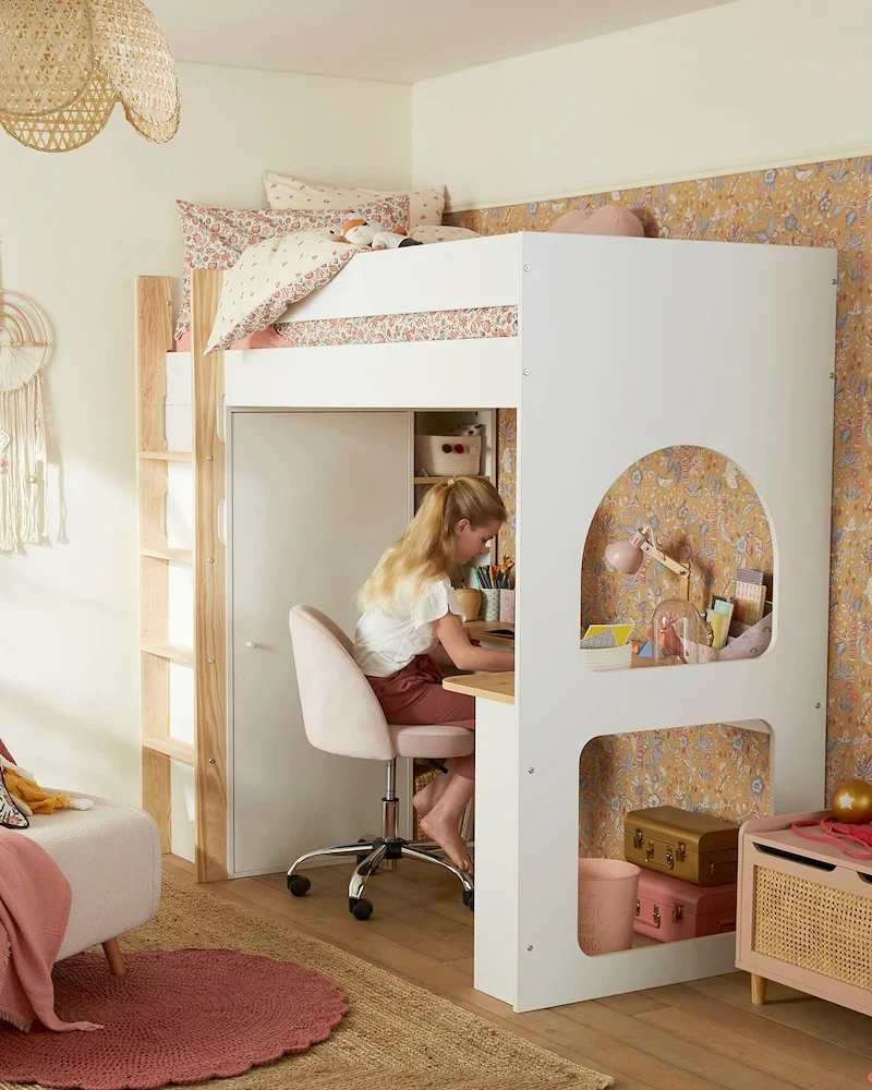 Lit mezzanine Combinid blanc avec bureau sous arche et armoire penderie