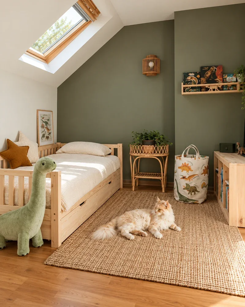 Chambre d'enfant avec mur vert kaki, lit en bois clair, tapis naturel, peluche dinosaure et chat