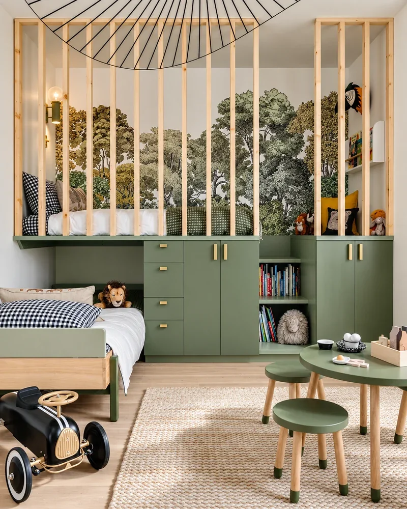 Chambre d'enfant avec couchages superposés, rangements intégrés vert kaki et papier peint forêt