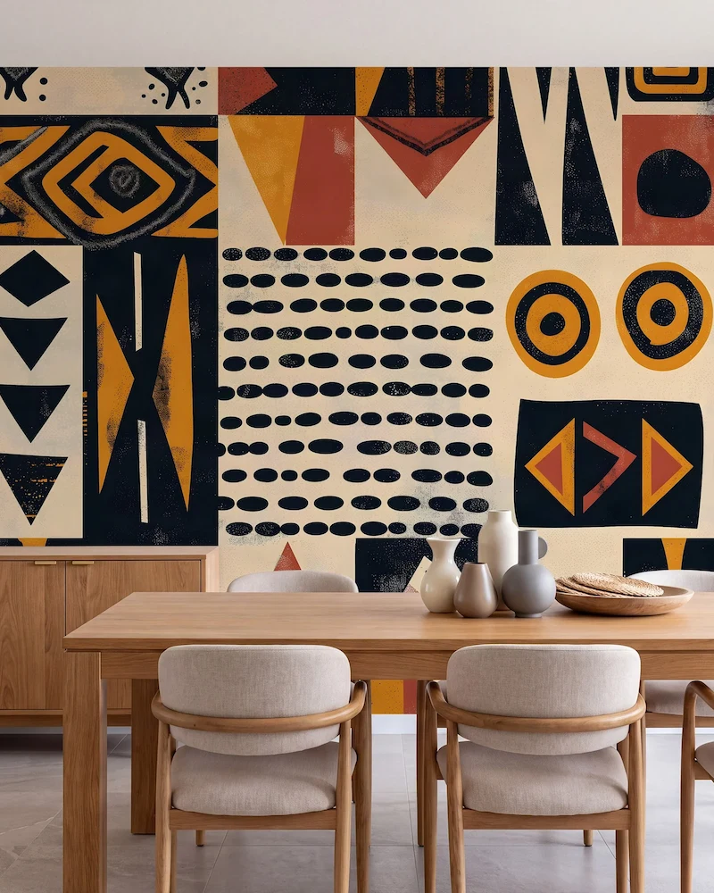 salle à manger avec papier peint ethnique coloré à motifs africains, table en bois et chaises beiges