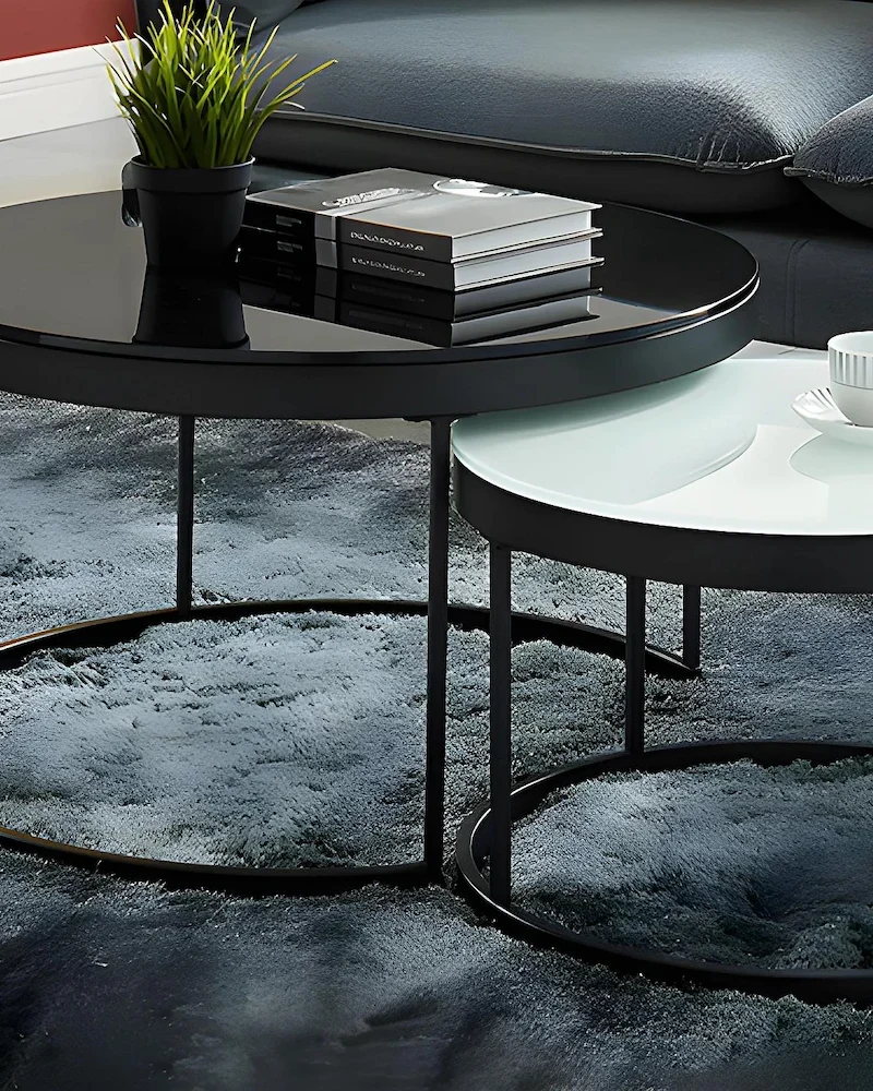 Tables basses gigognes Billie en verre trempé noir et blanc et métal noir