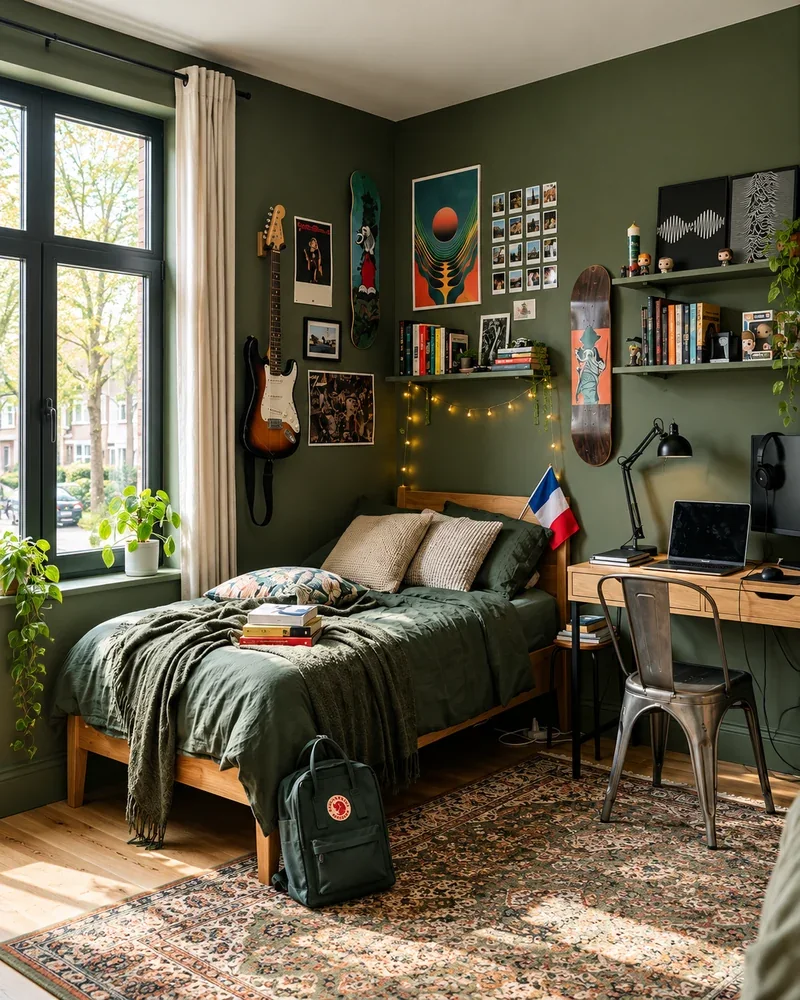 Chambre d'adolescent aux murs vert kaki avec lit en bois, bureau, guitare et affiches
